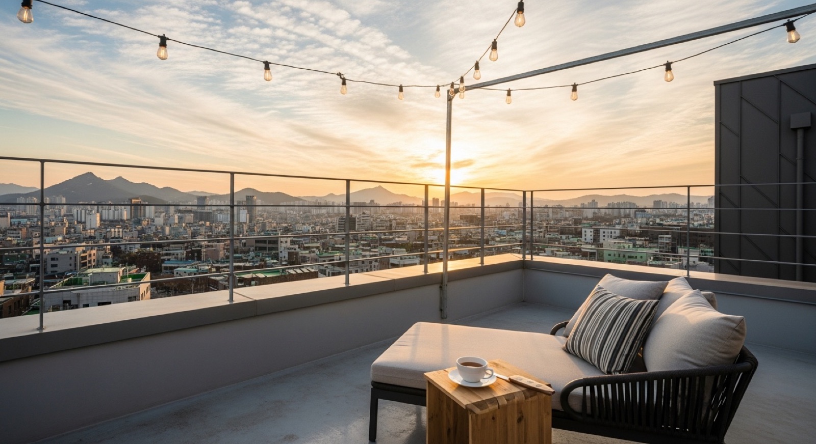 Rooftop terrace of a Wehome stay overlooking Seoul