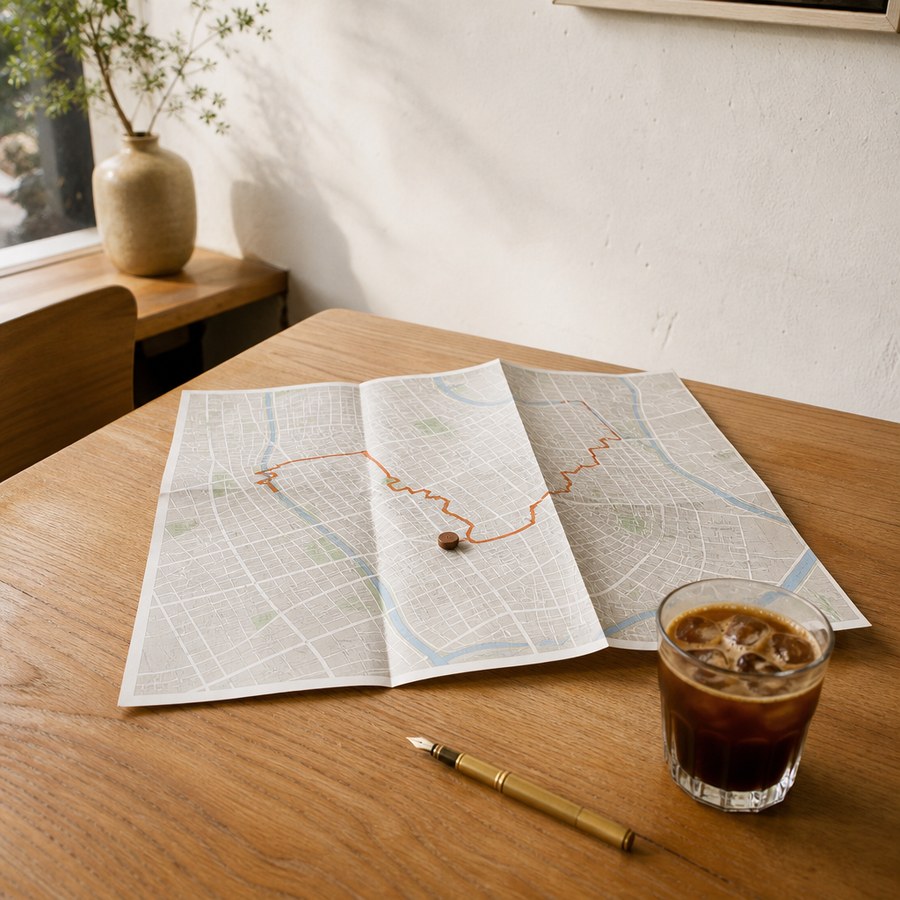 Neighbourhood map and coffee laid out on a table inside a stay