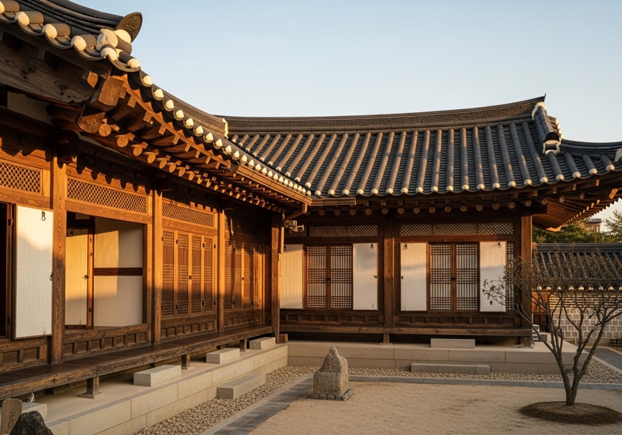 Sunlit courtyard and wooden hall of a hanok stay
